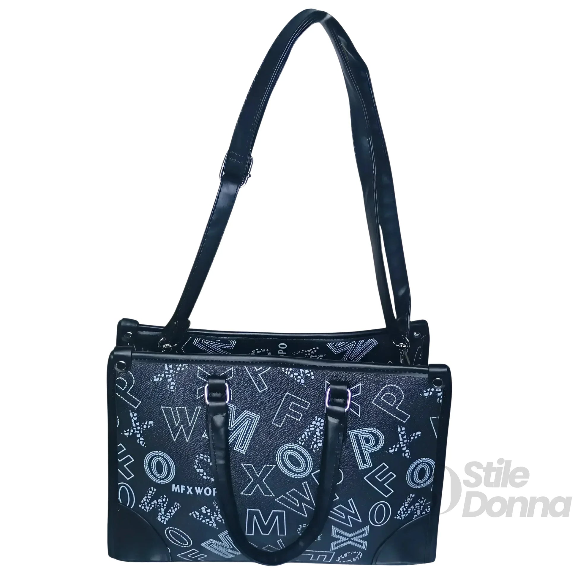 Borsa Da Donna Nera Di Design Con Stampa E Tracolla In Ec… | Prospettiva indossata | ecopelle | Nero