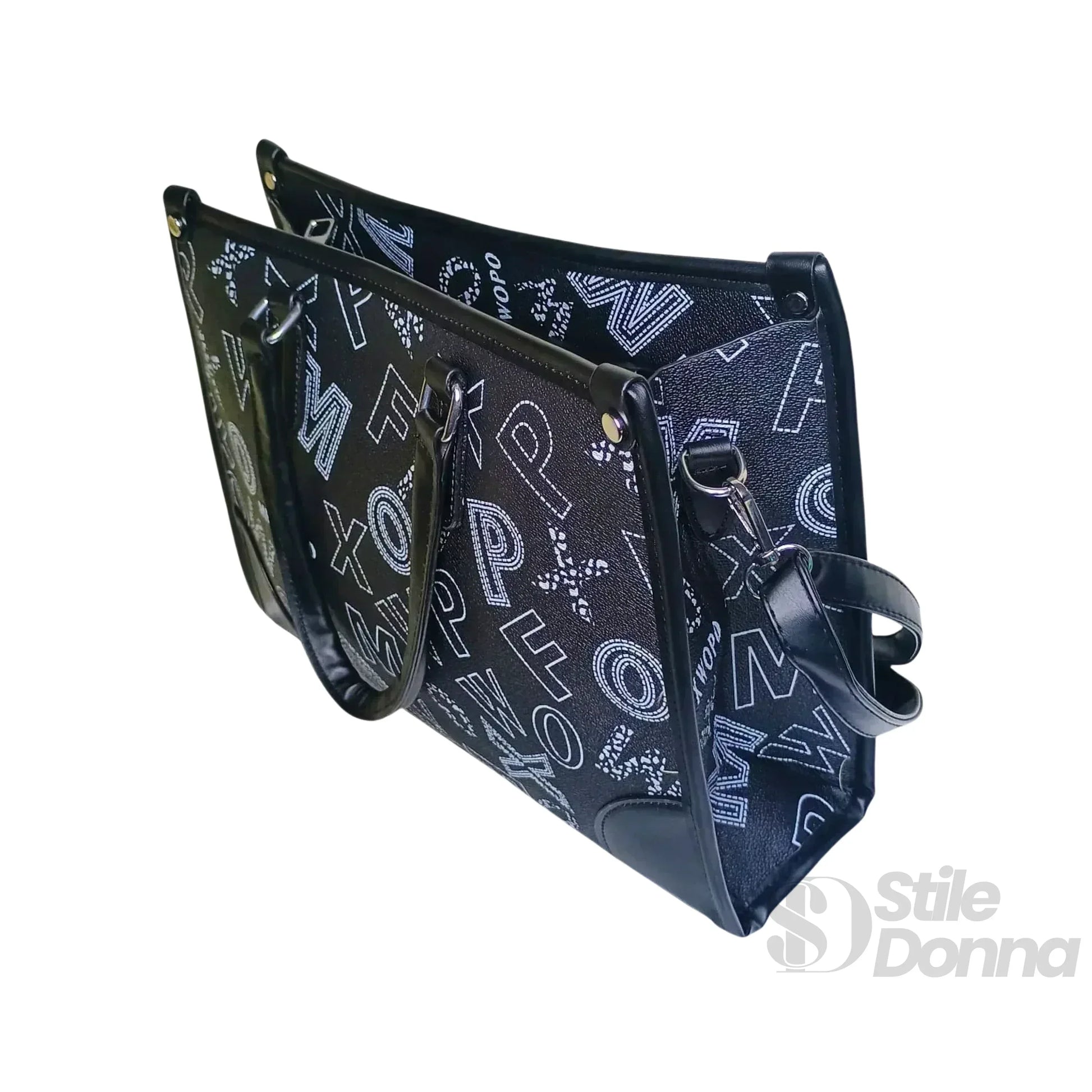 Borsa Da Donna Nera Di Design Con Stampa E Tracolla In Ec… | Vista posteriore | ecopelle | Nero