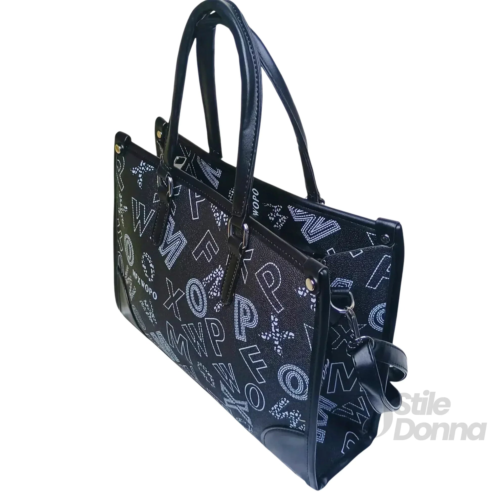 Borsa Da Donna Nera Di Design Con Stampa E Tracolla In Ec… | Dettaglio esterno | ecopelle | Nero