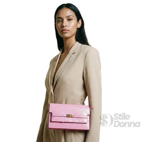 Borsa Donna In Similpelle Rosa Con Texture Coccodrillo El… | Vista laterale | vera pelle | Rosa
