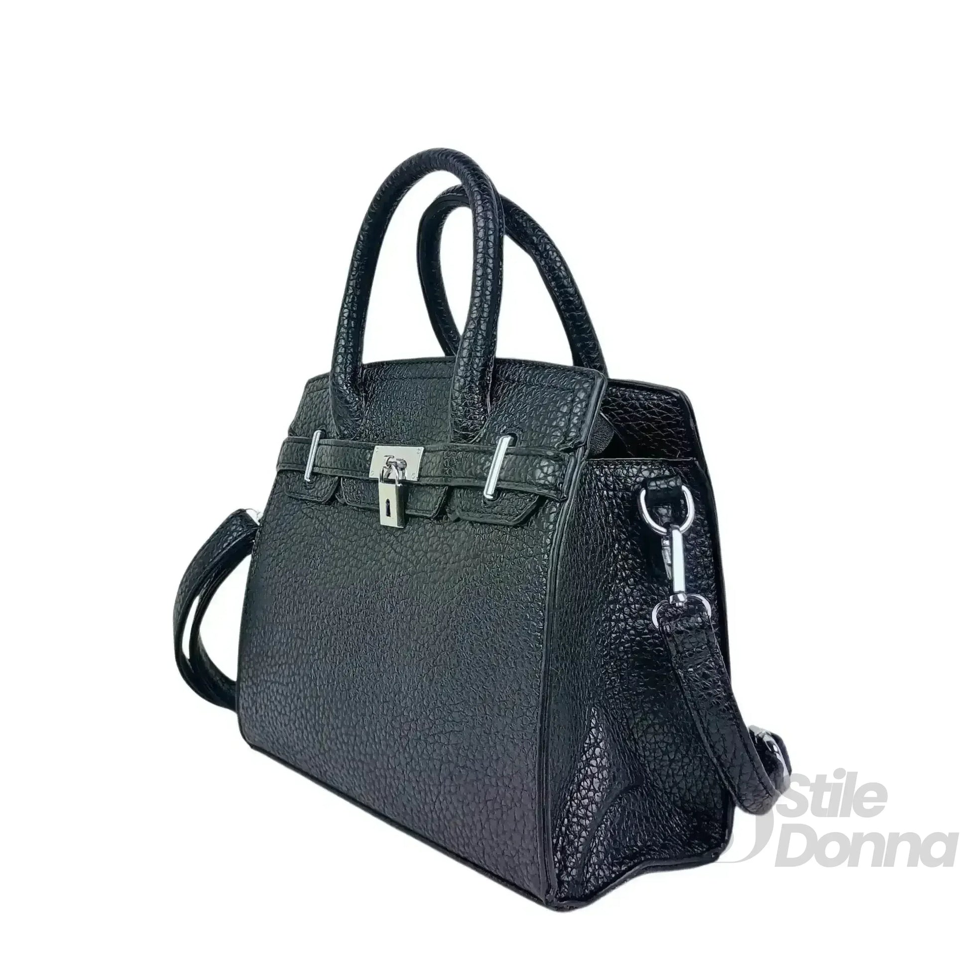 Borsa Elegante In Pelle Nera Martellata Con Finiture In A… | Vista laterale | ecopelle | Nero