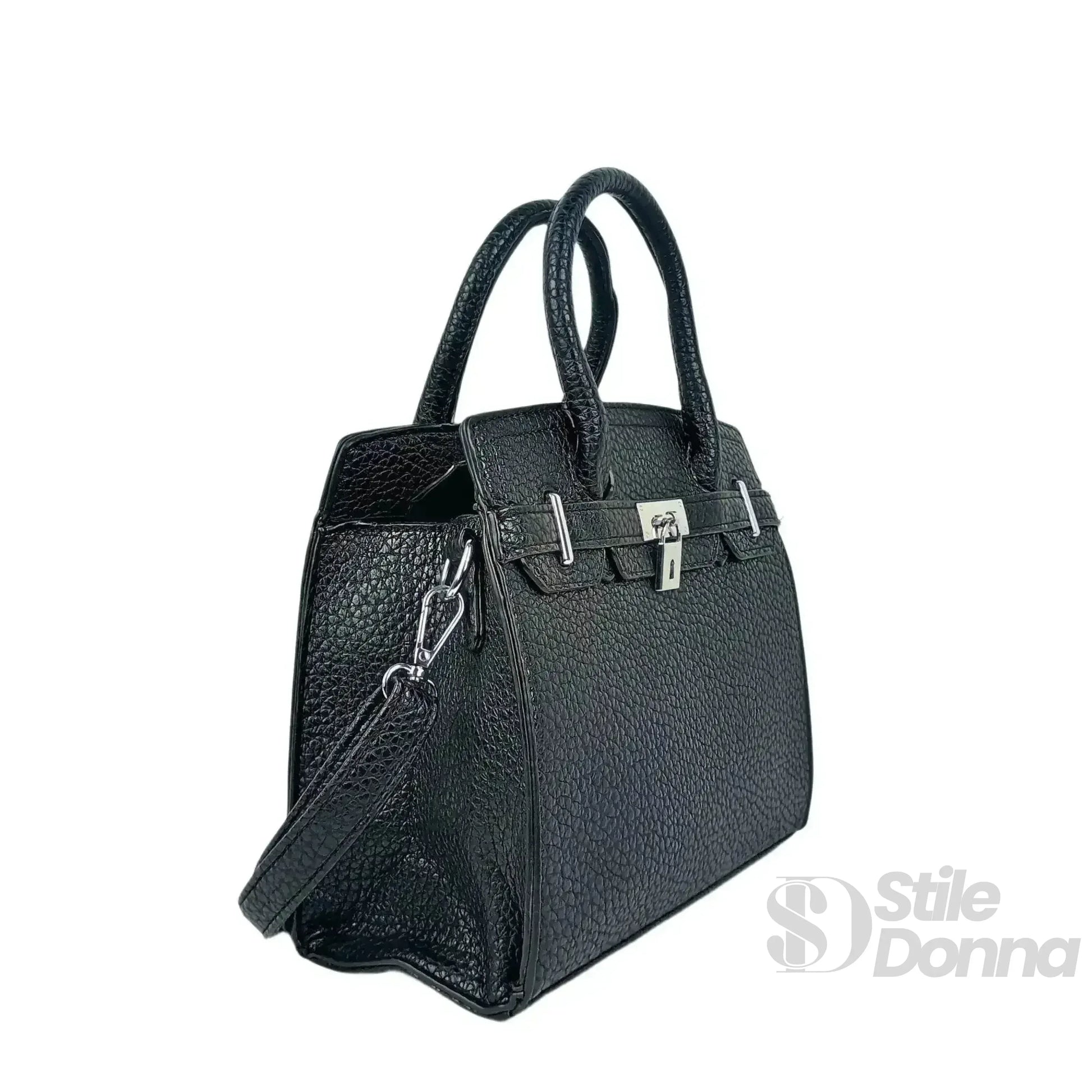Borsa Elegante In Pelle Nera Martellata Con Finiture In A… | Dettaglio esterno | ecopelle | Nero