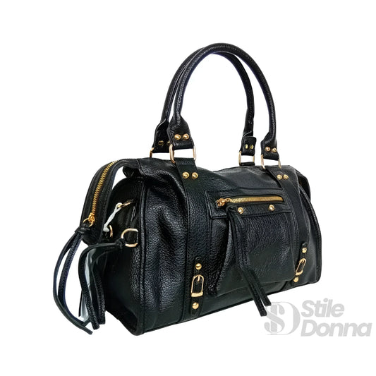 borsa-in-ecopelle-con-hardware-tono-oro-a-mano-pelle-nera-537 - Stile Donna Bags