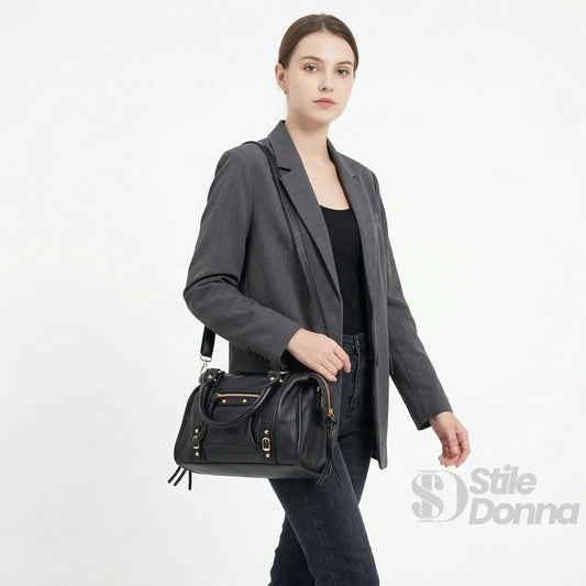 borsa-in-ecopelle-con-hardware-tono-oro-a-mano-pelle-nera-829 - Stile Donna Bags