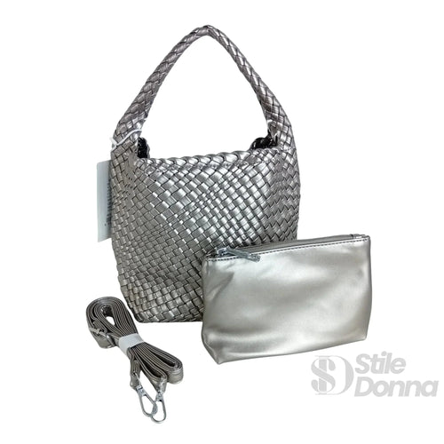 Borsa In Ecopelle Intrecciata Con Chiusura A Cerniera E T… | Vista laterale | vera pelle | Argento