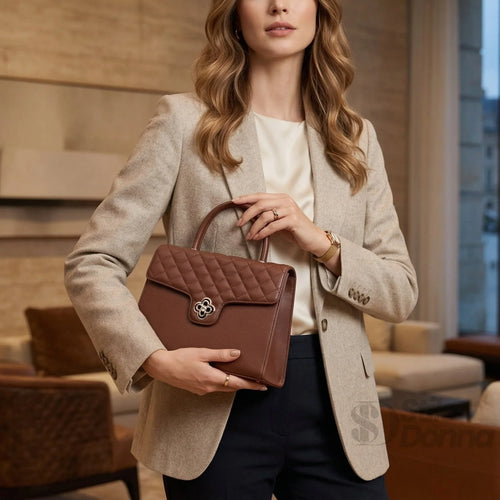 Borsa In Pelle PU Chiusura Quadrifoglio Metallo Oro Inter… | Vista posteriore | ecopelle | Marrone