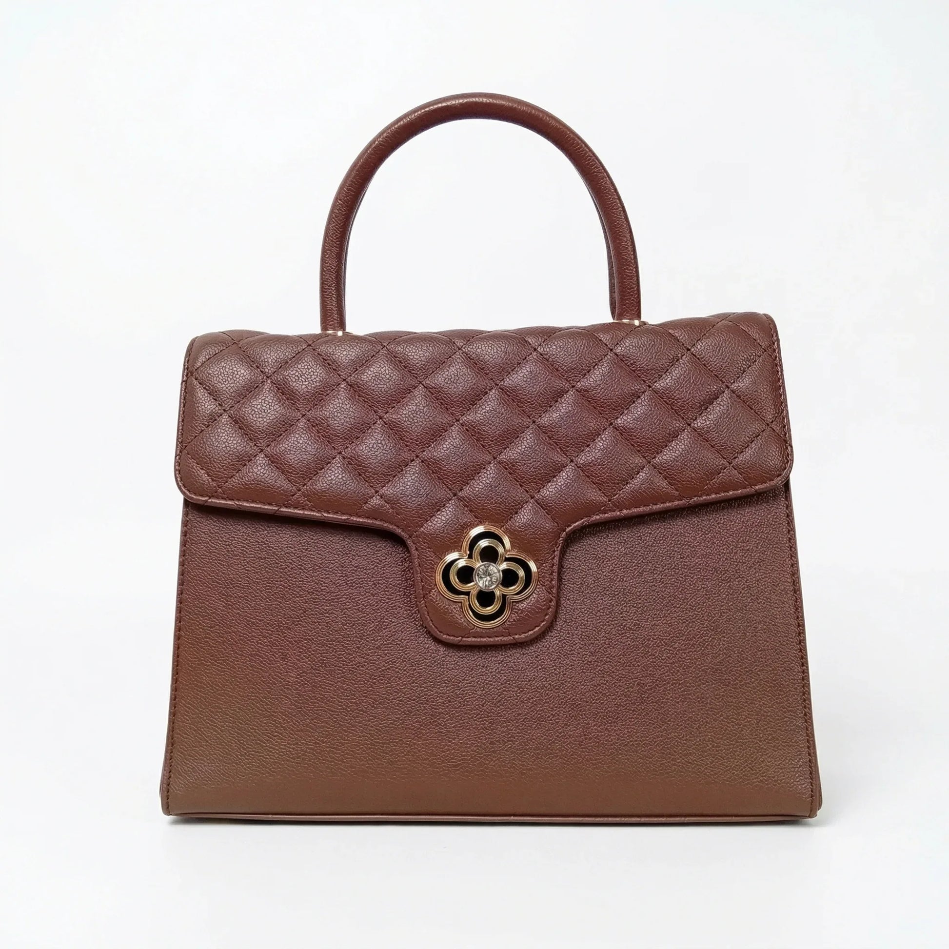 Borsa In Pelle PU Chiusura Quadrifoglio Metallo Oro Inter… | Vista frontale | ecopelle | Marrone