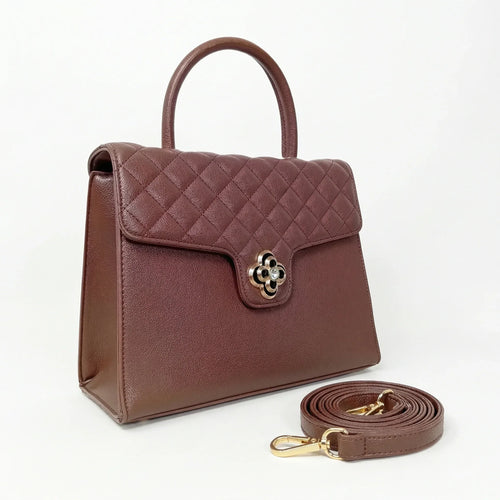Borsa In Pelle PU Chiusura Quadrifoglio Metallo Oro Inter… | Dettaglio esterno | ecopelle | Marrone