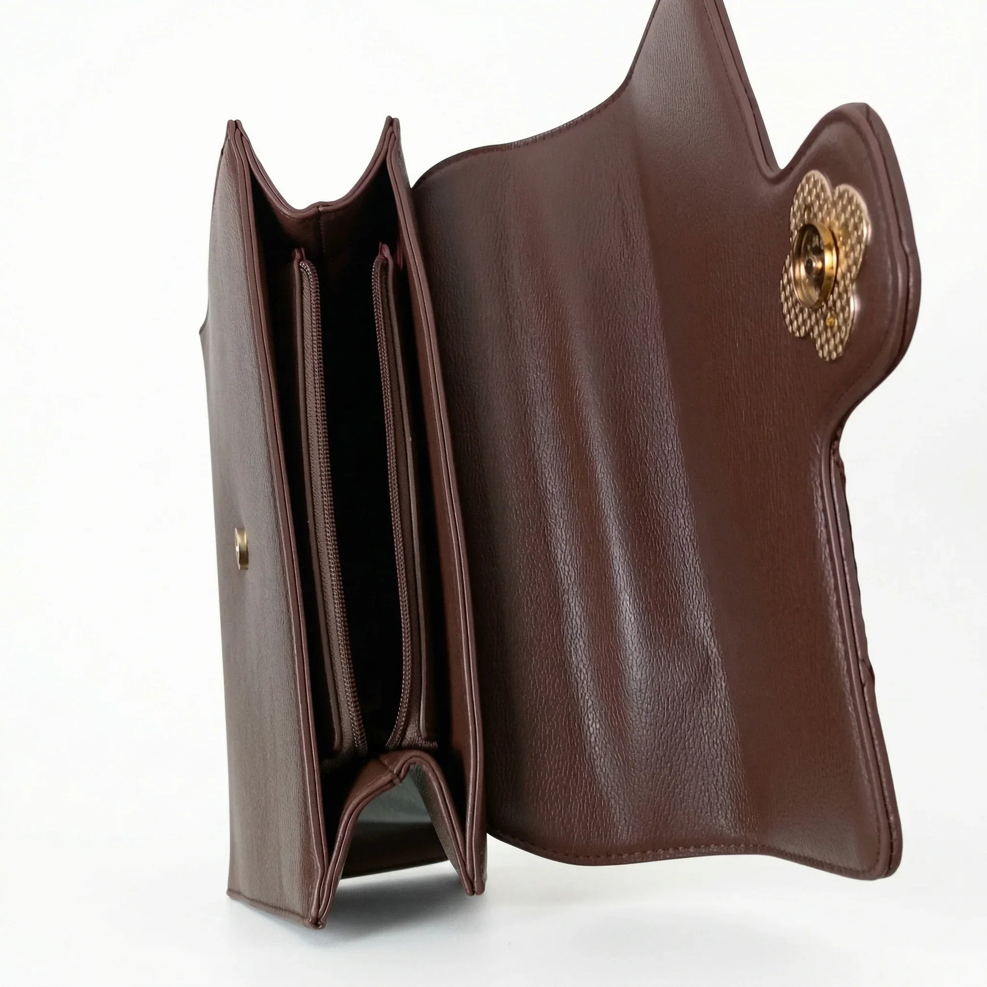 Borsa In Pelle PU Chiusura Quadrifoglio Metallo Oro Inter… | Dettaglio manico | ecopelle | Marrone