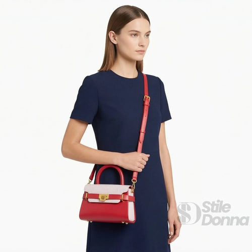 Borsa Mini Top-Handle EcoPelle Colore A Contrasto Con Tra… | Prospettiva indossata | ecopelle | Rosso