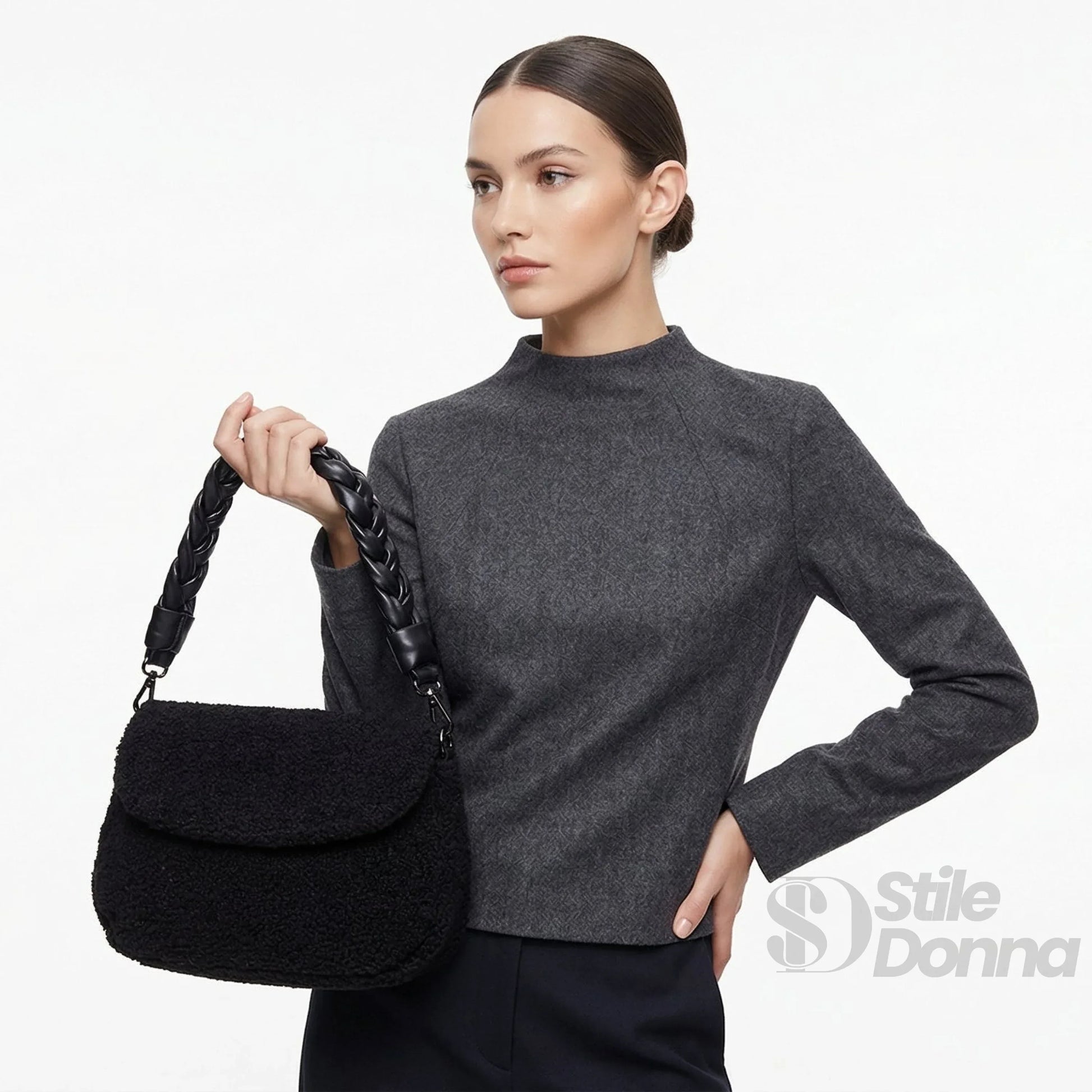 Borsa Nera Con Manico Intrecciato In Pelle PU Tracolla Re… | Vista posteriore | ecopelle | Nero