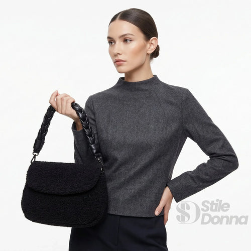 Borsa Nera Con Manico Intrecciato In Pelle PU Tracolla Re… | Vista posteriore | ecopelle | Nero
