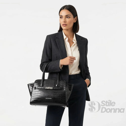 Borsa Nera In Pelle Verniciata Con Manici | Interno e tasche | vera pelle | Nero