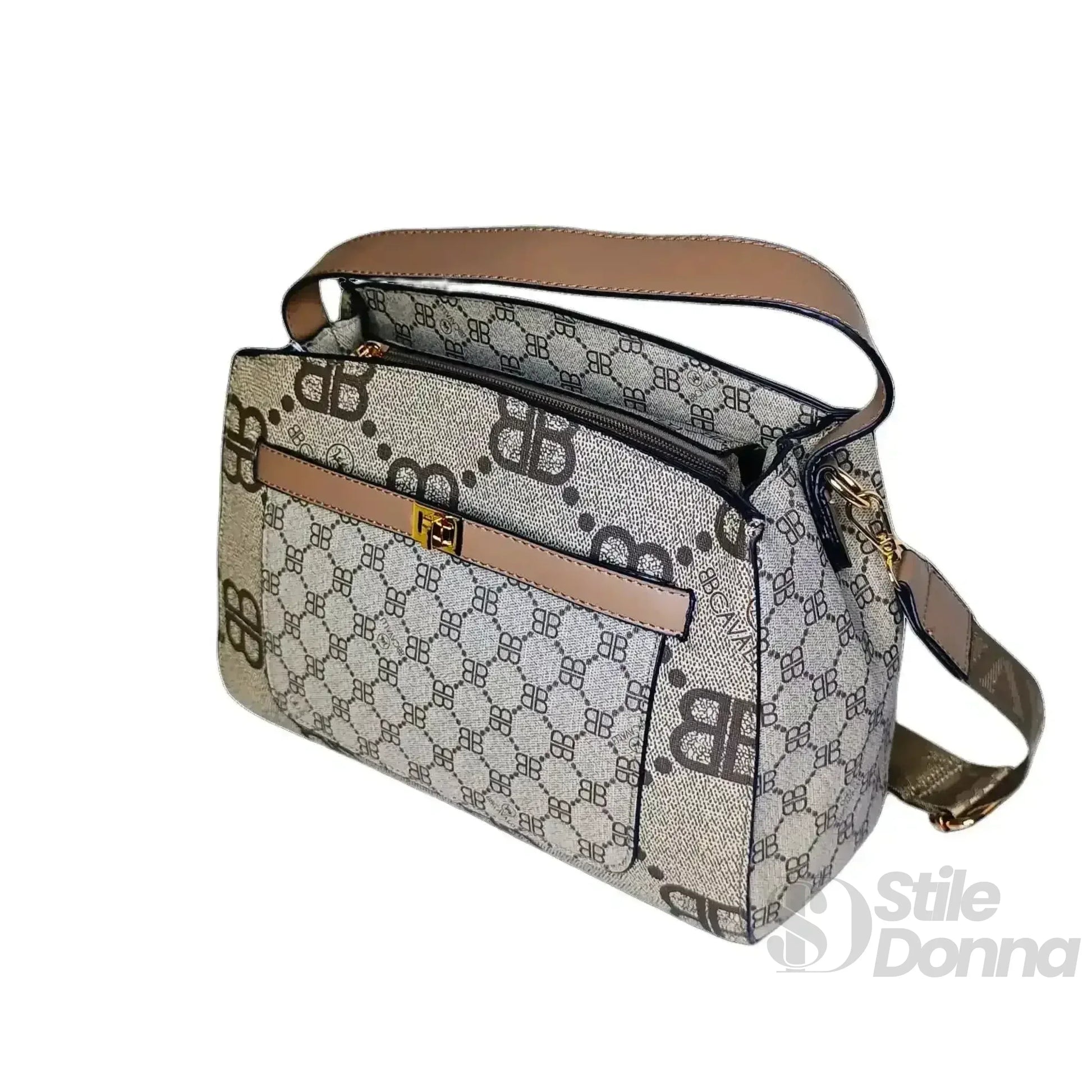 Borsa Satchel In Ecopelle Con Motivo Monogramma Chiusura … | Dettaglio esterno | ecopelle | Beige