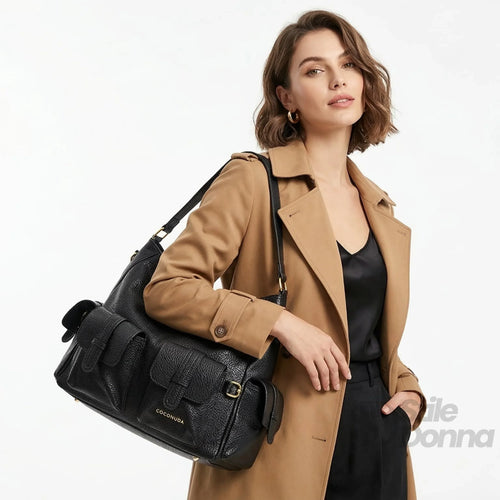 Borsa Shopper In Ecopelle Nera Con Tasche Multiple Manico… | Dettaglio esterno | vera pelle | Nero