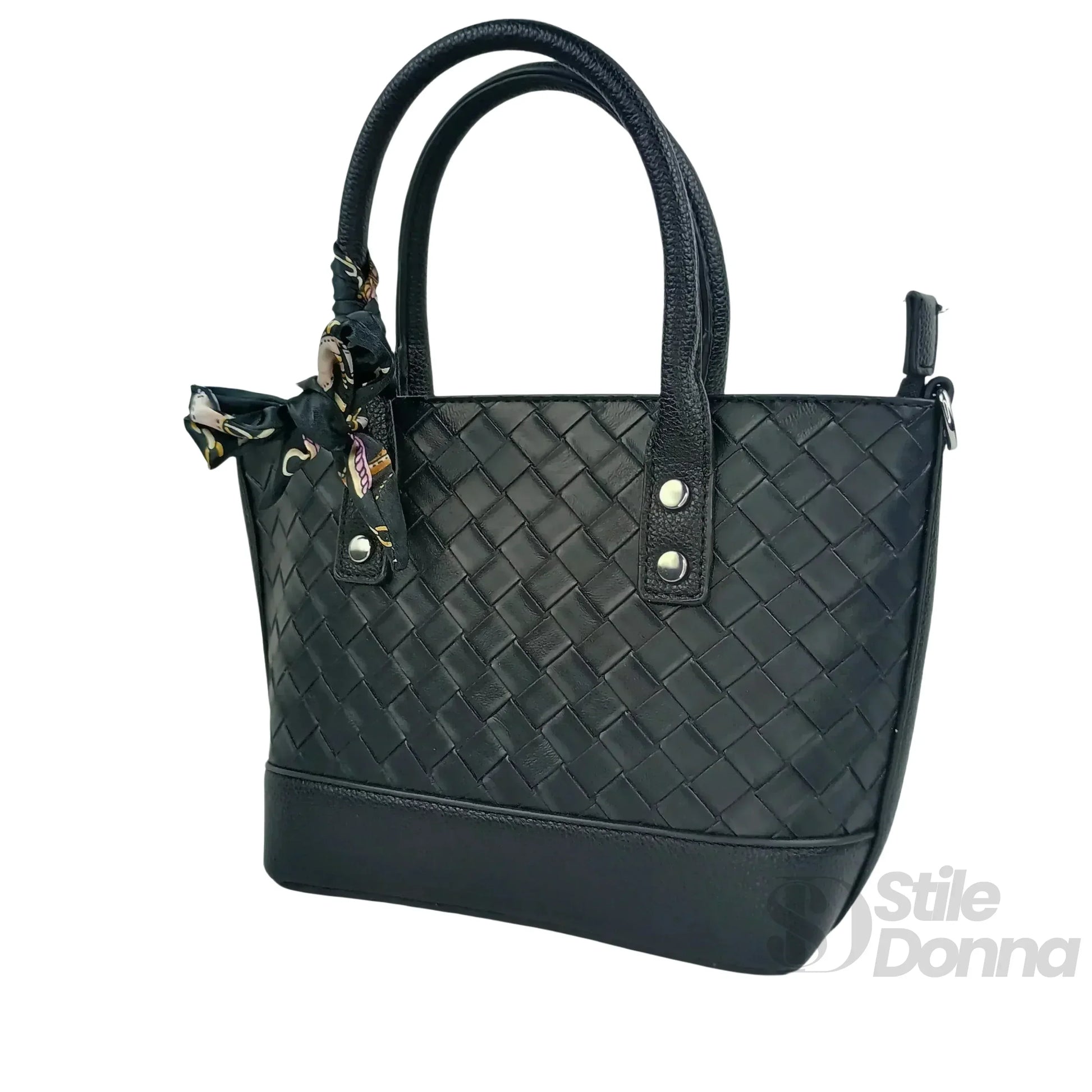 Borsa Shopper In Ecopelle Nera Intrecciata Con Sciarpa In… | Dettaglio esterno | vera pelle | Nero