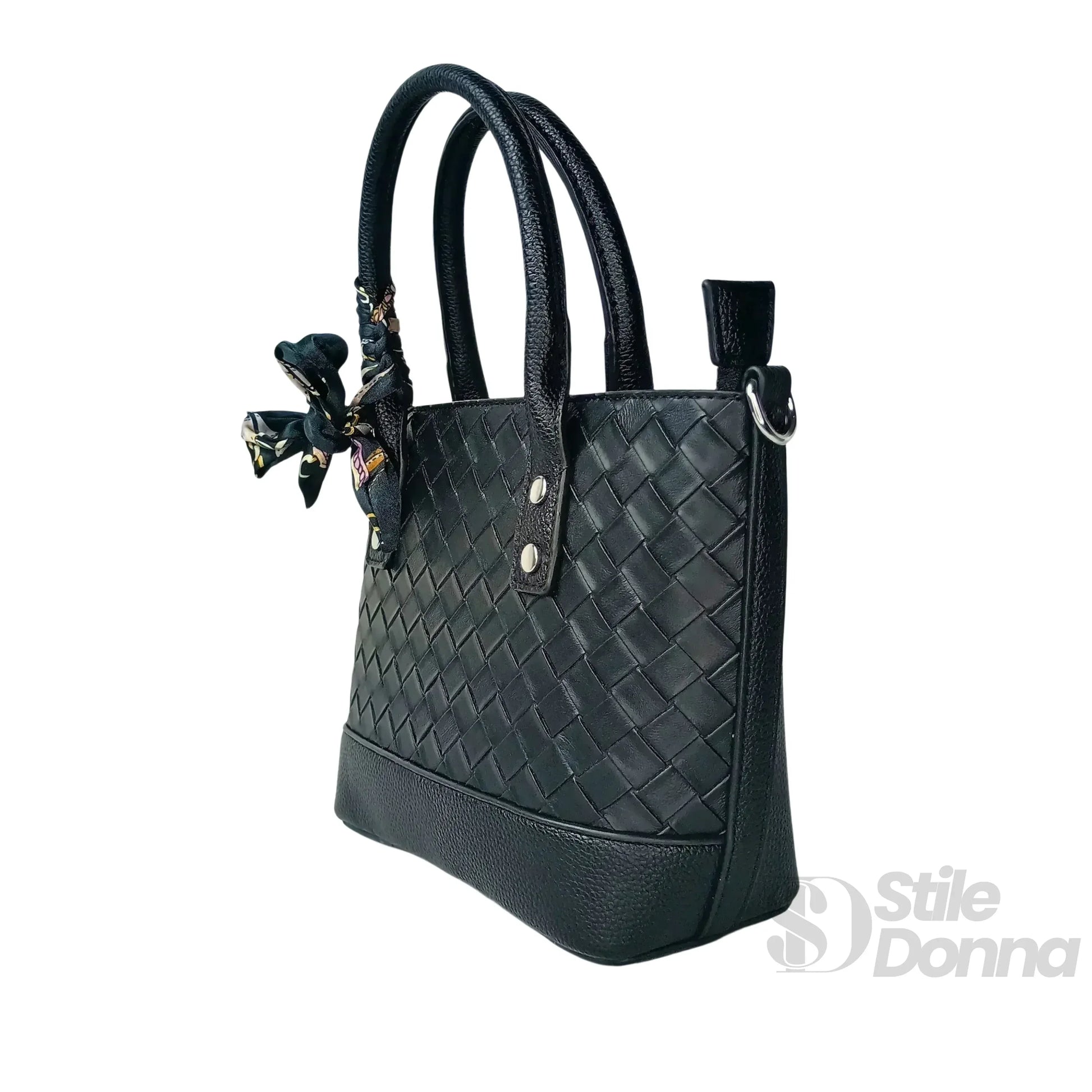 Borsa Shopper In Ecopelle Nera Intrecciata Con Sciarpa In… | Interno e tasche | vera pelle | Nero