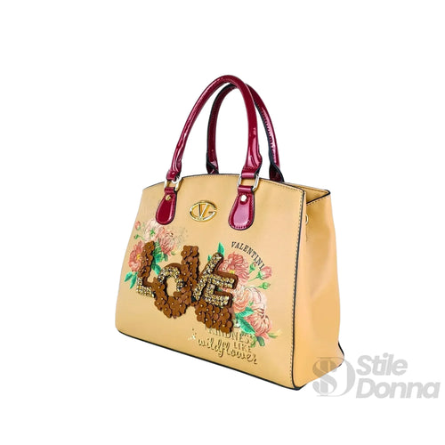 Borsa Tote Da Donna In EcoPelle Con Ricamo Floreale E Scr… | Prospettiva indossata | ecopelle | Cachi