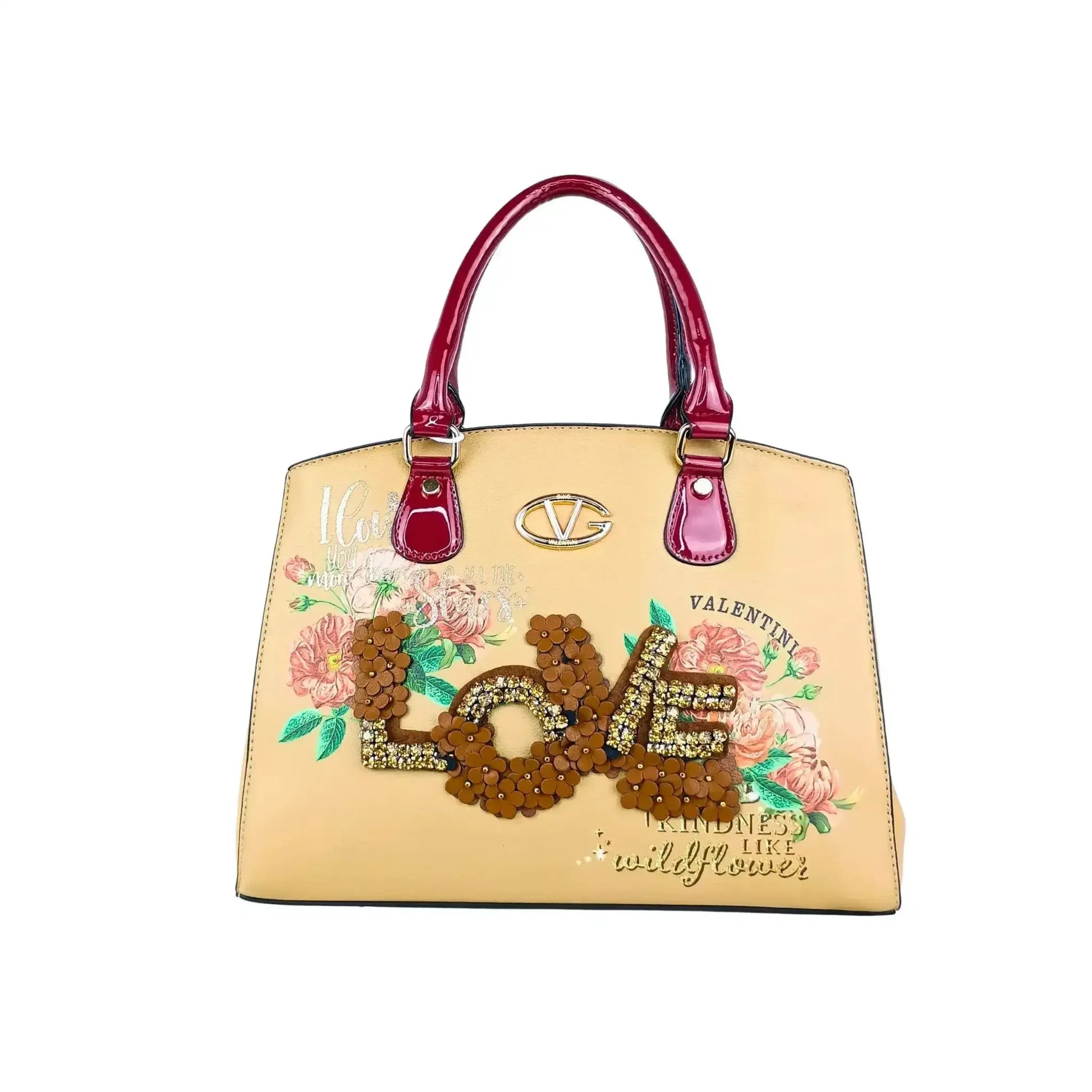 Borsa Tote Da Donna In EcoPelle Con Ricamo Floreale E Scr… | Vista frontale | ecopelle | Cachi