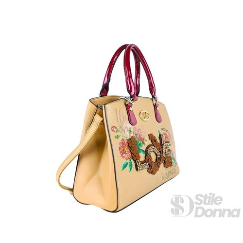 Borsa Tote Da Donna In EcoPelle Con Ricamo Floreale E Scr… | Vista posteriore | ecopelle | Cachi