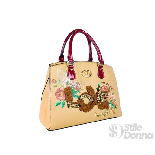Borsa Tote Da Donna In EcoPelle Con Ricamo Floreale E Scr… | Dettaglio esterno | ecopelle | Cachi