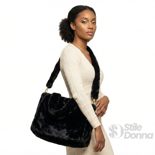 Borsa Tote In Pelliccia Sintetica Colore Crema Capiente E… | Vista laterale | pelliccia sintetica | Nero