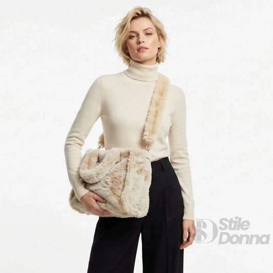Borsa Tote In Pelliccia Sintetica Colore Crema Capiente E… | Dettaglio esterno | pelliccia sintetica | Nero