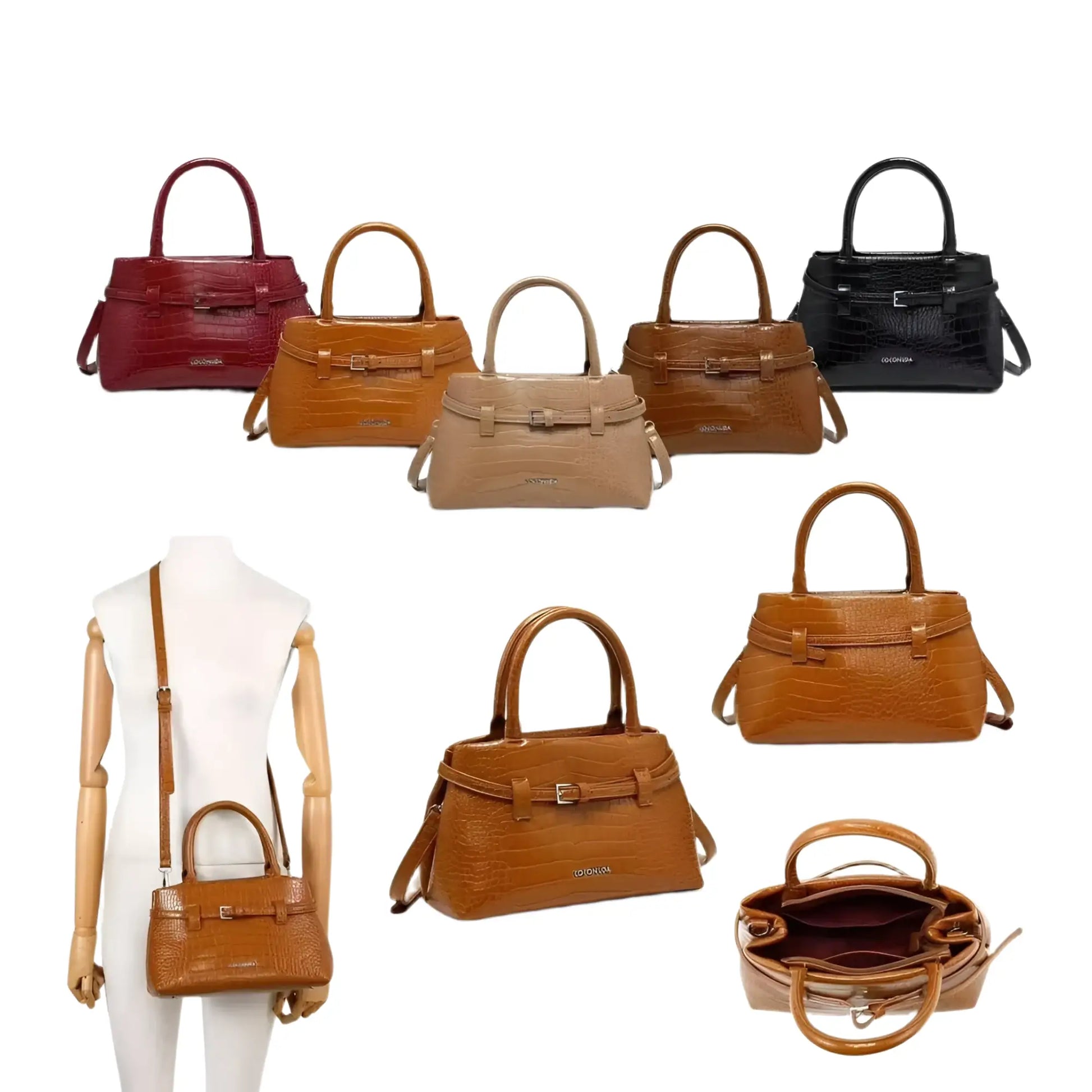 Multiple color options of women’s crocodile skin leather top handle handbag with shoulder strap