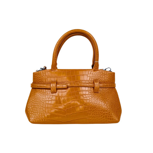 Brown crocodile skin leather top-handle handbag with detachable shoulder strap