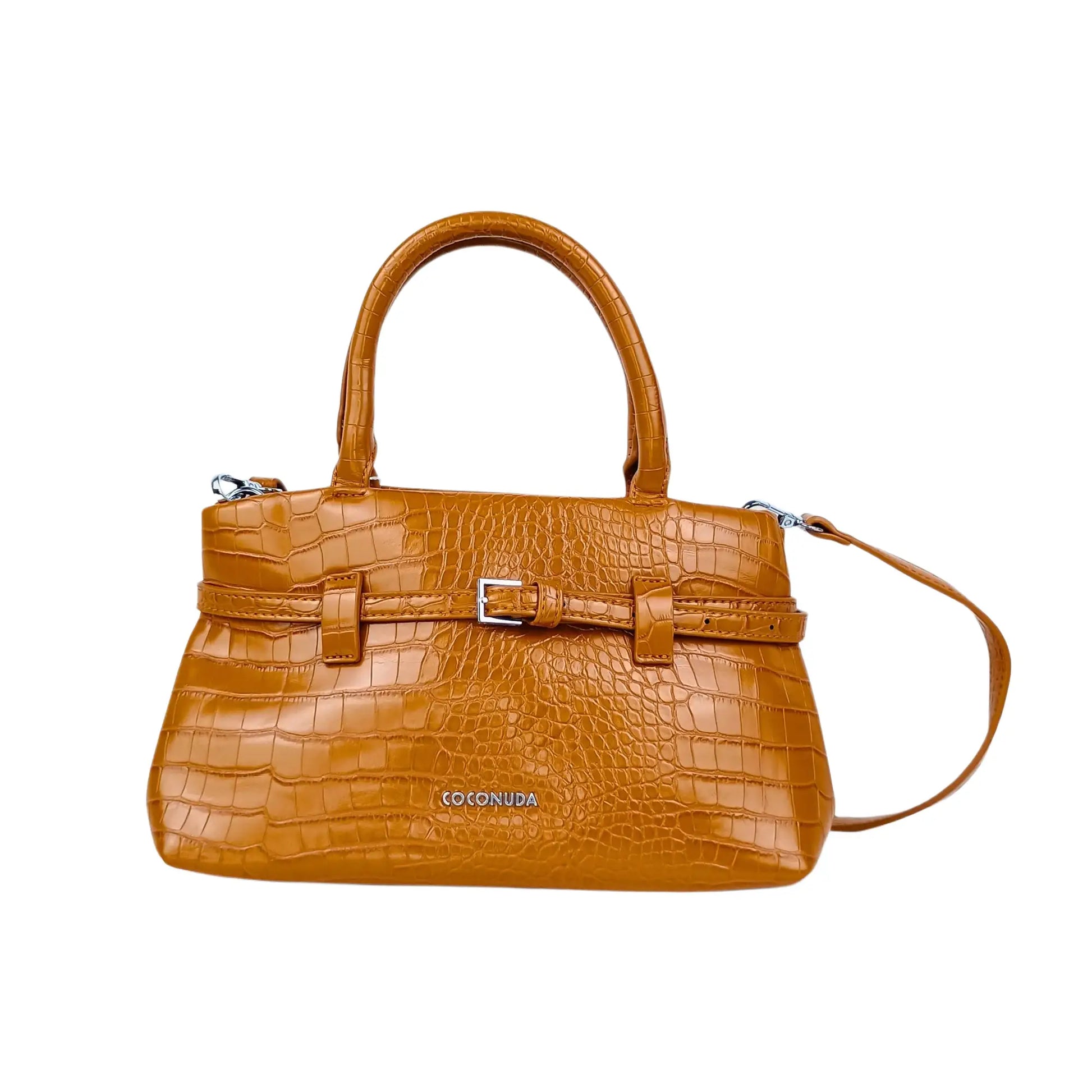 Crocodile skin leather brown handbag with top handle and shoulder strap for elegance