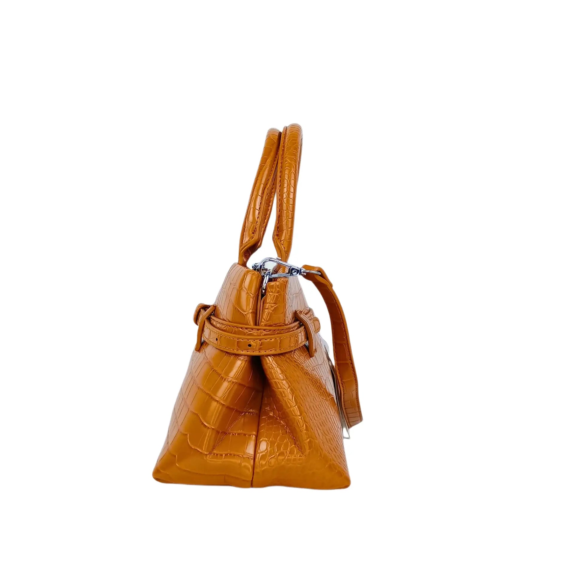 Orange faux-crocodile leather handbag with top handles and shoulder strap featuring crocodile skin leather