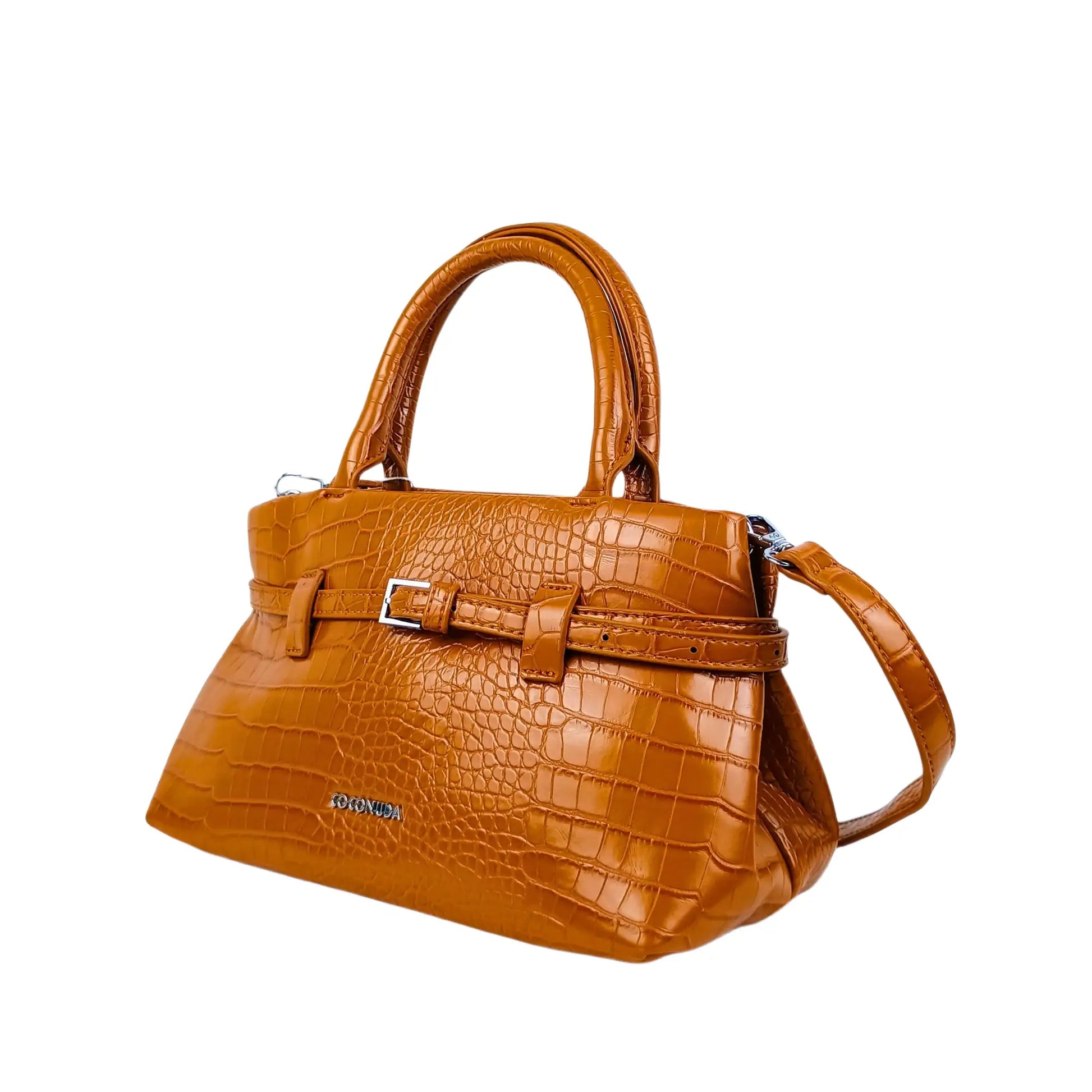 Glossy cognac brown crocodile skin leather handbag with top handle and decorative buckle