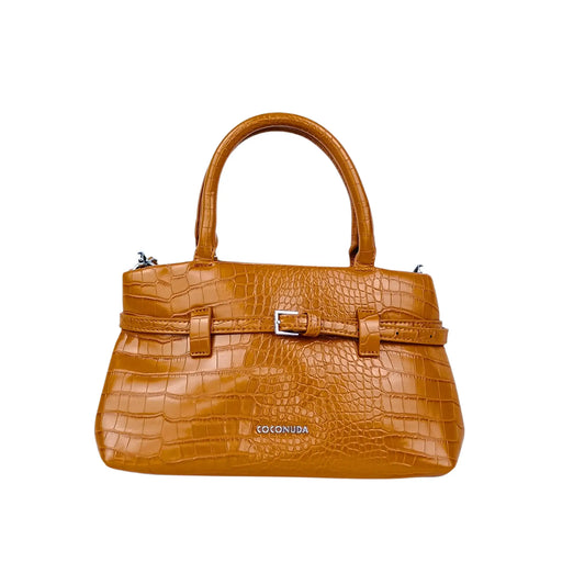 Brown crocodile skin leather top handle handbag with decorative buckle strap