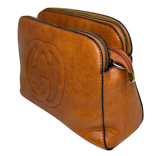 Brown Leather Handbag with Double Zipper and Removable Shoulder Strap - Stile Donna Bags