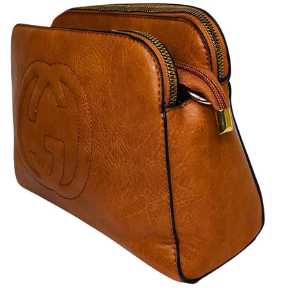 Brown Leather Handbag with Double Zipper and Removable Shoulder Strap - Stile Donna Bags