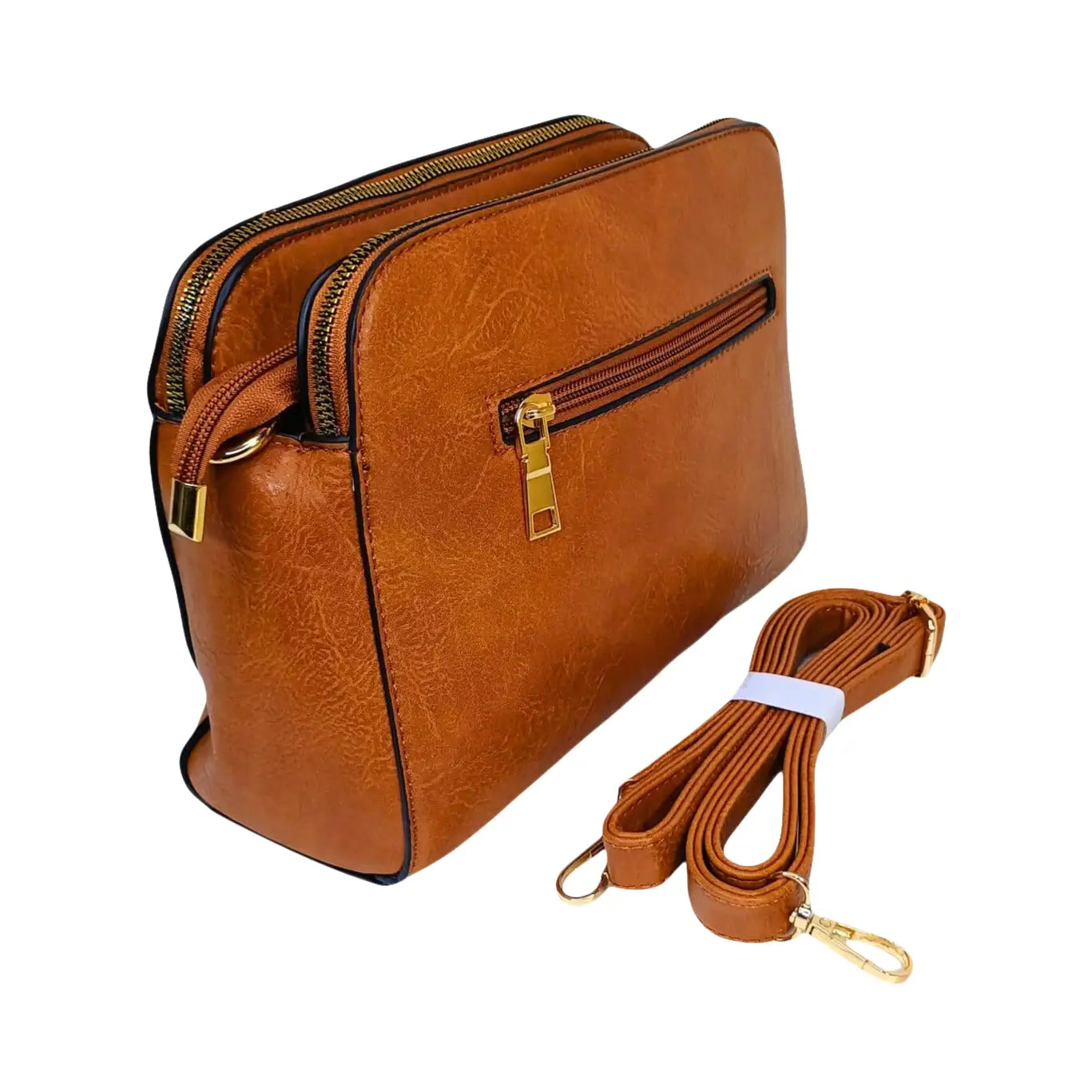 Brown Leather Handbag with Double Zipper and Removable Shoulder Strap - Stile Donna Bags