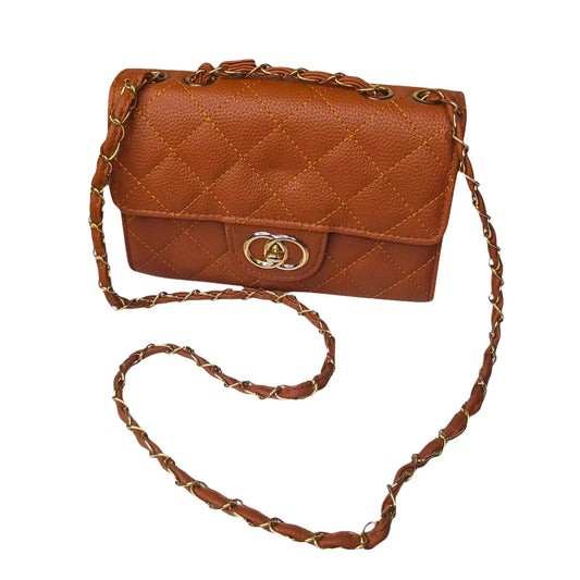 Brown quilted handbag with gold chain strap on a white background