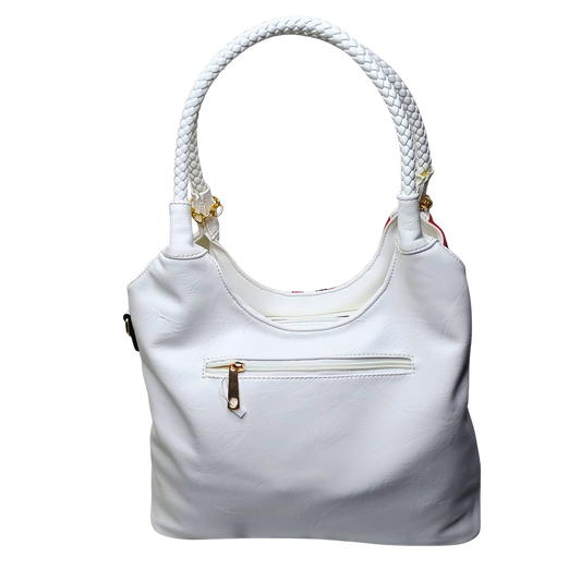 White handbag with braided handle on a white background