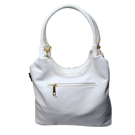 White handbag with braided handle on a white background