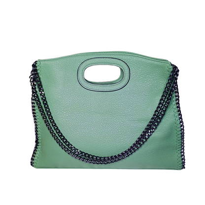 Green handbag with black chain detail on a white background