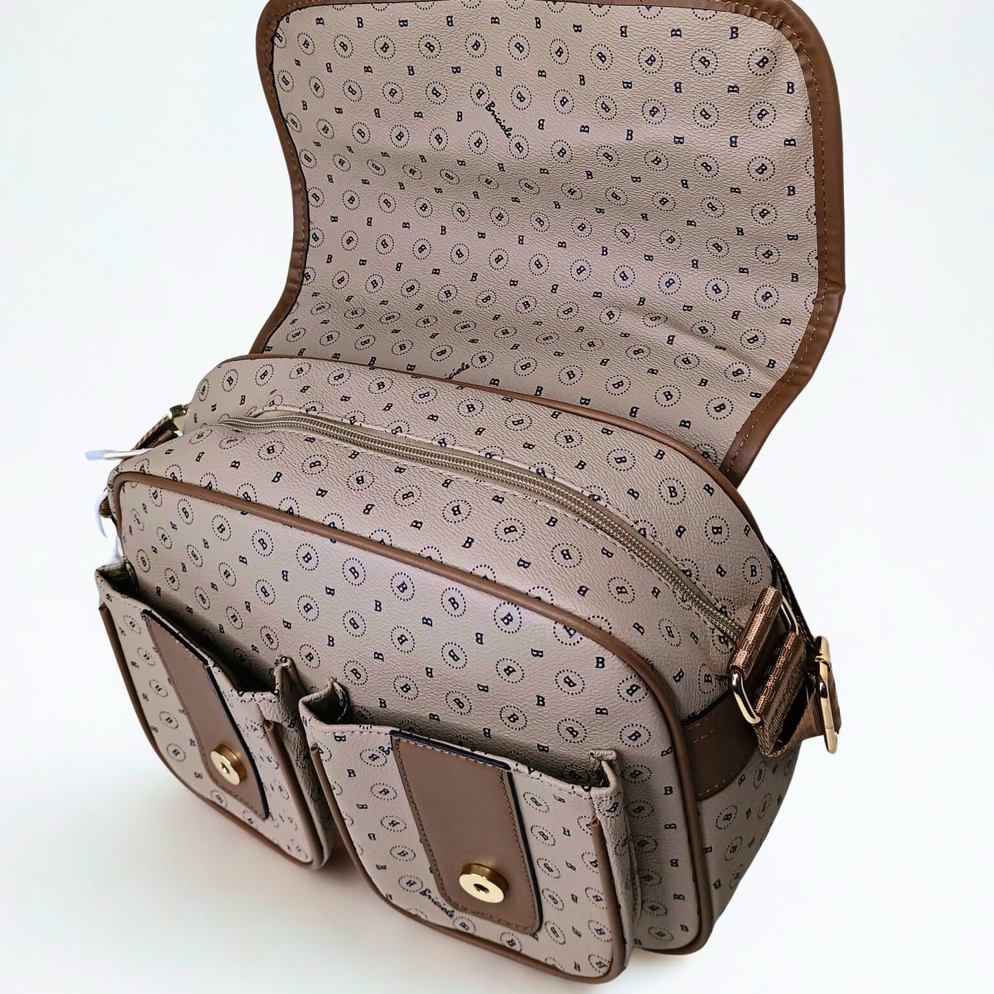 Open handbag with patterned interior on a white background