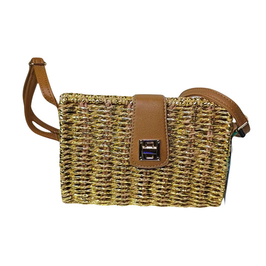 Woven handbag with brown leather accents on a white background