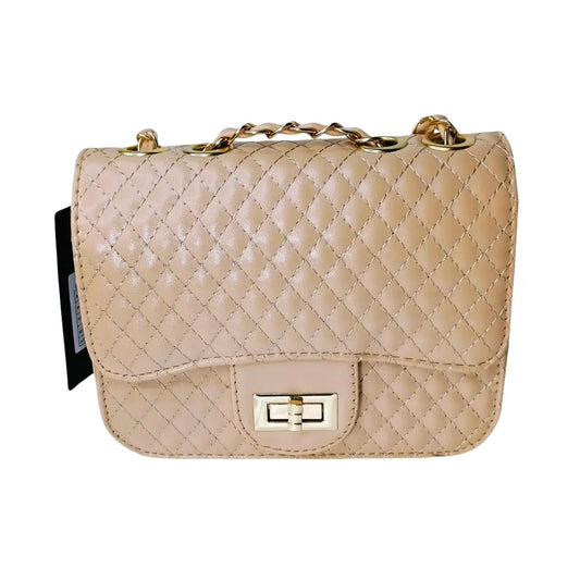 Beige quilted handbag with gold chain strap on a white background