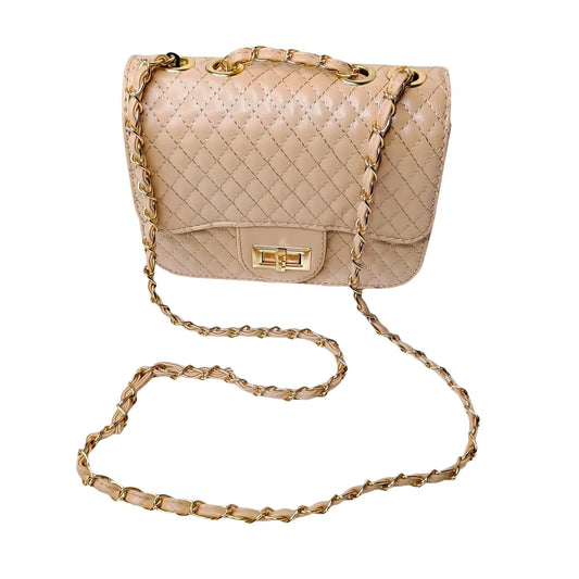 Quilted beige handbag with gold chain strap on a white background