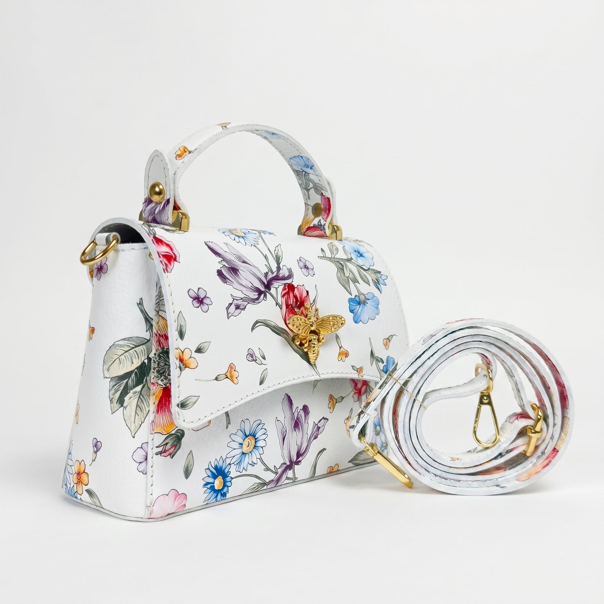 Mini borsa a farfalla in vera pelle, con stampa floreale - Made in Italy by Stile Donna Bags