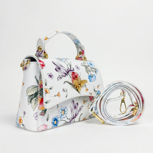 Mini borsa a farfalla in vera pelle, con stampa floreale - Made in Italy by Stile Donna Bags