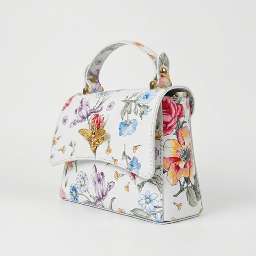 Mini borsa a farfalla in vera pelle, con stampa floreale - Made in Italy by Stile Donna Bags