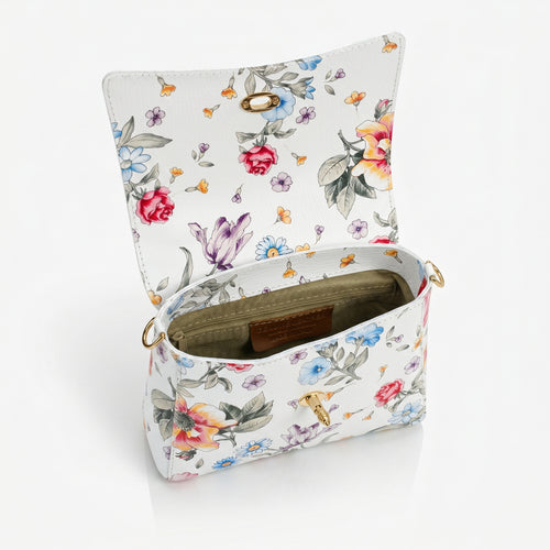Mini borsa a farfalla in vera pelle, con stampa floreale - Made in Italy by Stile Donna Bags