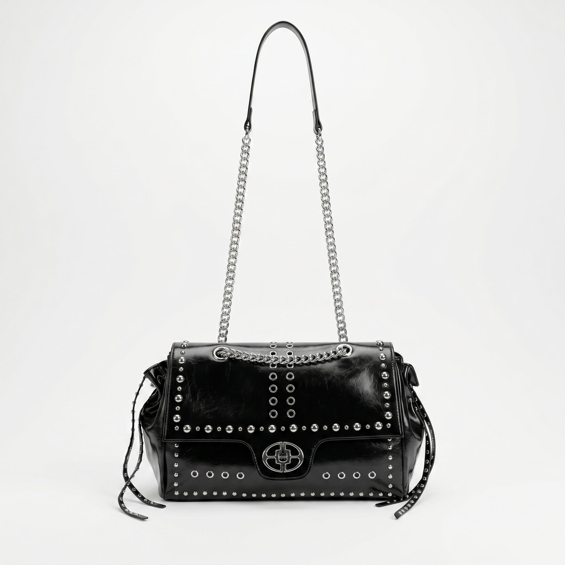 Rock Star borsa a patta ecopelle borchie argentate tracolla a catena – vista 3