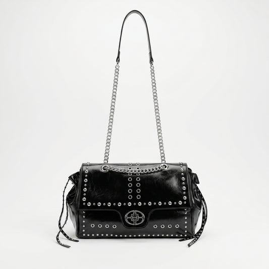 Rock Star borsa a patta ecopelle borchie argentate tracolla a catena – vista 3